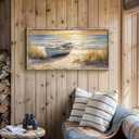 Beach Coastal Framed Wall Art: Ocean Boat Painting Sea Sunset Scenery Wooden Print Picture Seaside Seascape Grass Artwork Decor for Living Room Bedroom 40x20