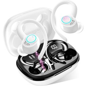 Jesebang Wireless Earbuds, Bluetooth 5.3 Headphones, 2024 Wireless Earphones HiFi Stereo Sound with ENC Mic, Sport Headsets in Ear EarHooks for Running, 40H Dual LED Display, White