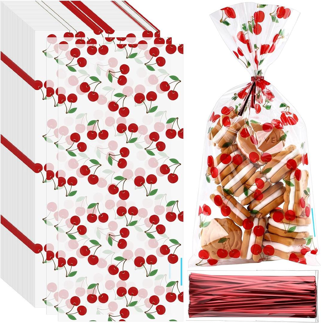 Yexiya 100pcs Red Cherries Cellophane Clear Treat Bags Goodie Gift Bag with Ribbon Bows Cherry Printed Plastic Candy Snack Bags for Baby Shower Wedding Birthday Party Favors
