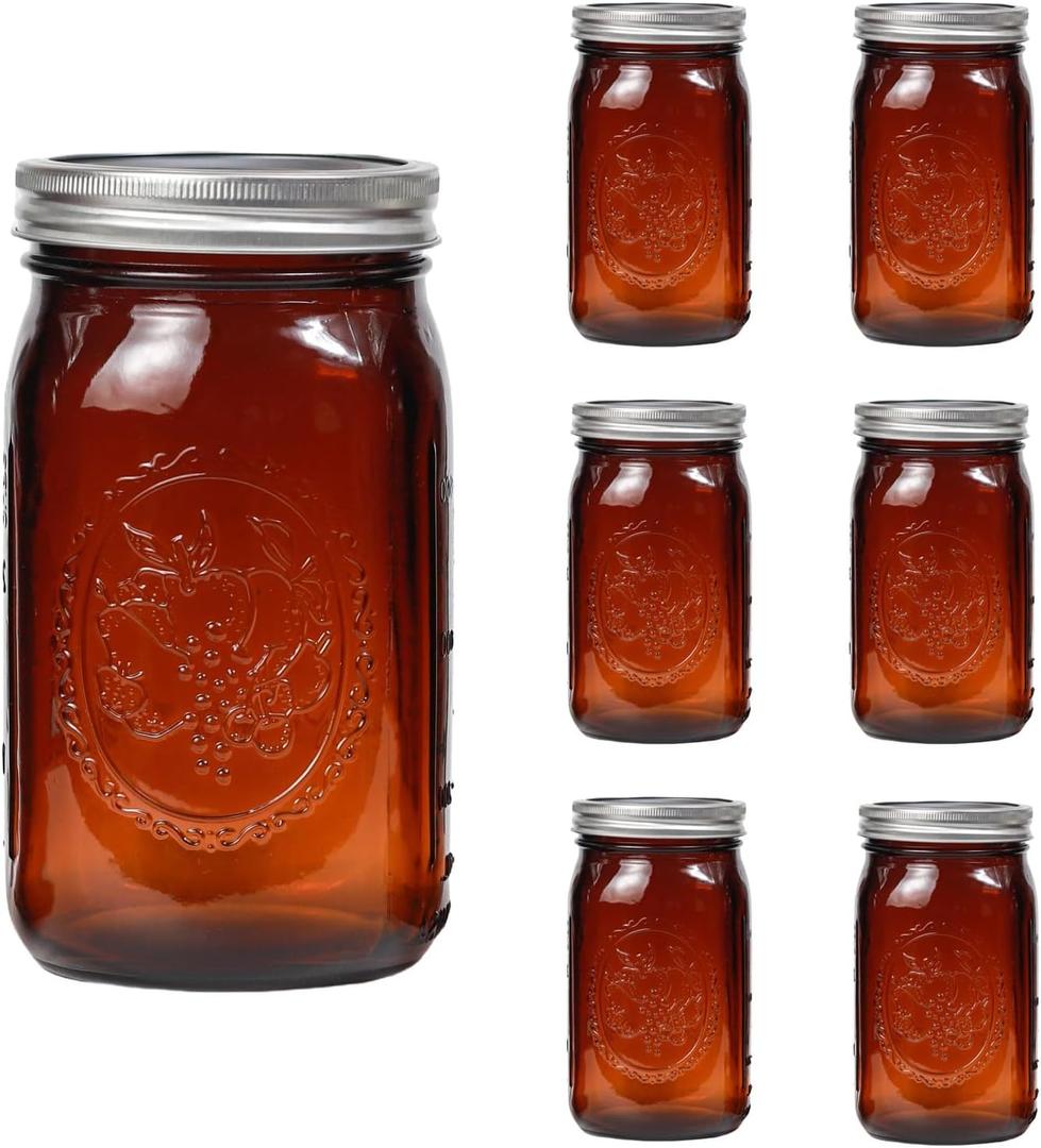 Amber Glass Mason Jars, 32oz Wide Mouth Jars 6 Pcs, Air Tight, Leak Resistant, Large Canning Jars, Quart Mason Jars for Canning, Storing Food, Spices, Meal Prep and Overnight Oats