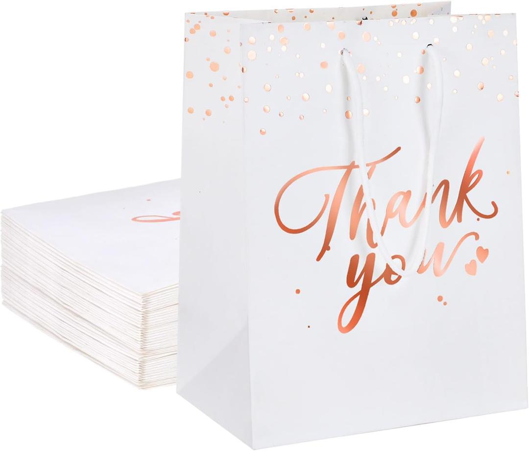 COGLARING 20Pcs White and Gold Thank You Paper Gift Bags with Handles - Medium Size for Weddings, Retail, Goodie & Welcome Gifts