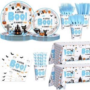 194Pcs Halloween Baby Shower Decorations for Boy A Little Boo is Almost Due Baby Shower Party Plates, Cup, Napkin, Tablecloth, Tableware, Halloween Themed Party Supplies Plates Serve 24 Guests
