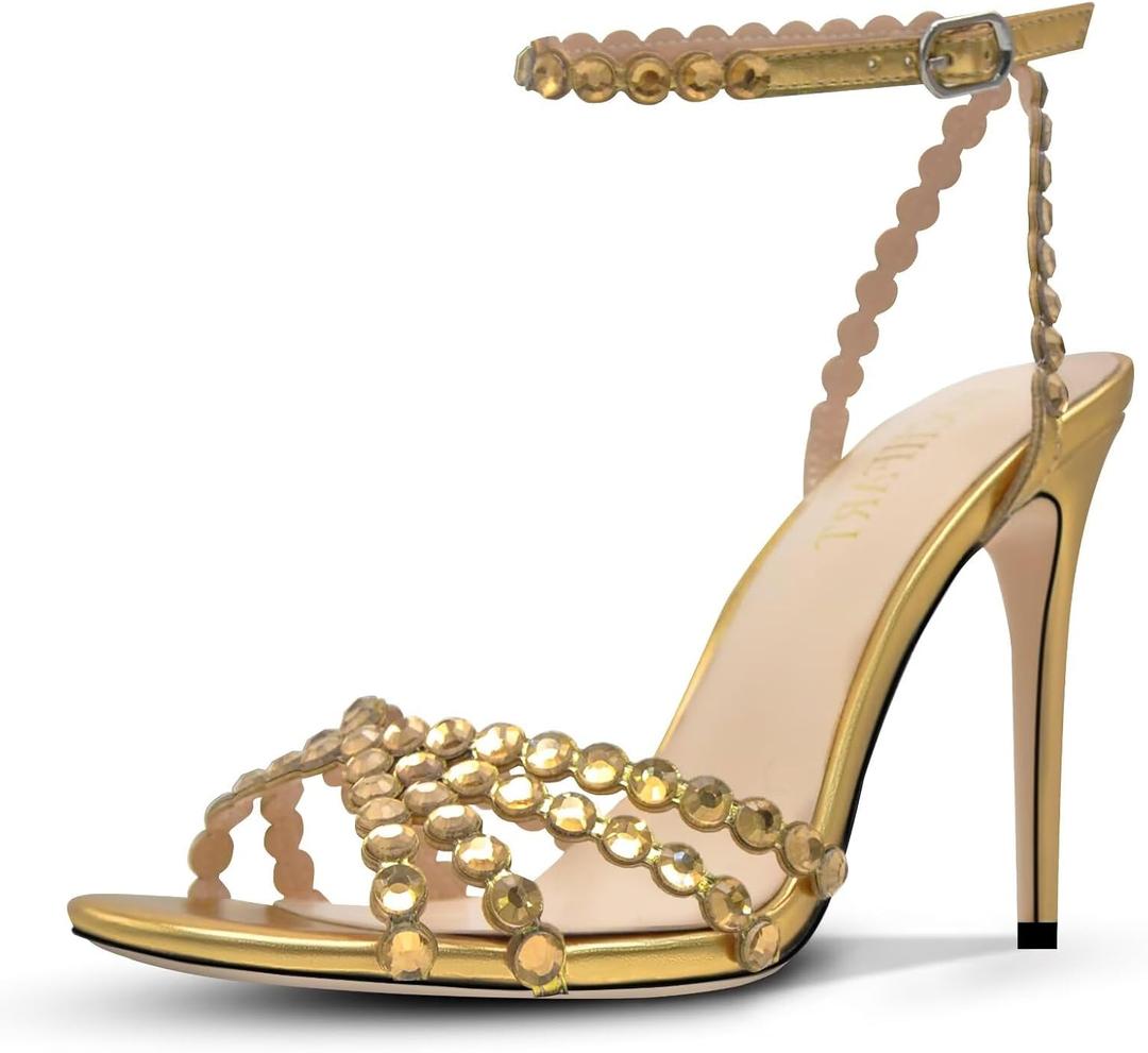 HOCHFART Women's Rhinestone Stiletto High Heels Buckle Strappy Heeled Sandals Round Toe Sexy Dressy Pumps Shoes 6.5