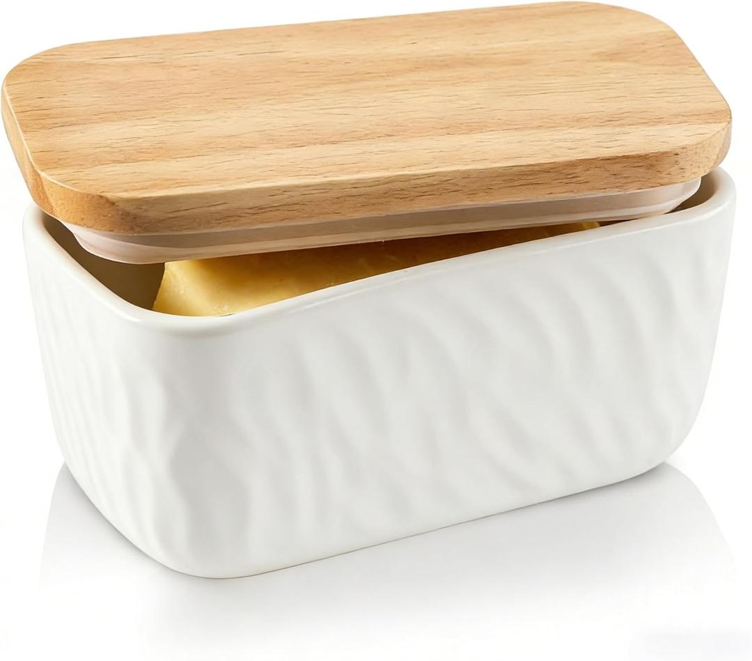KOOV Porcelain Large Butter Dish with Lid, Airtight Butter Container with Oak Lid, Perfect for 2 Sticks, Texture Series (White)