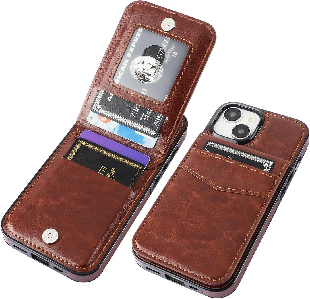 KIHUWEY Compatible with iPhone 15 Case Wallet with Credit Card Holder, Flip Premium Leather Magnetic Clasp Kickstand Heavy Duty Protective Cover for iPhone 15 6.1 Inch (Brown)