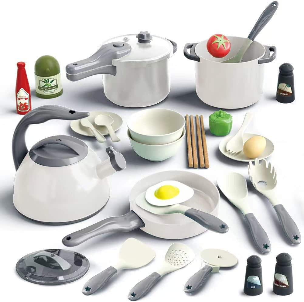 Bruvoalon 32Pcs Kids Play Kitchen Toys Set, Toddlers Pretend Cooking Playset Acccessories with Pots Pans, Utensils Cookware, Foods, Canned Veges, Learning Gift for Kids Girls Boys (White)
