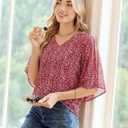 Uhiger 3/4 Length Sleeve Womens Tops V Neck Chiffon Blouse Dressy Casual Double Layered for Weekend Outings and Everyday Wear (Red, L)