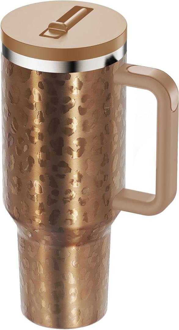 40 oz Tumbler with Handle and Flip Straw Lid - Upgraded Insulated Traveler Tumblers with Lids Straws Vacuum Leak Proof Stainless Steel 40oz Cup Mug Gifts for Men Women Him Her (Gold Leopard)