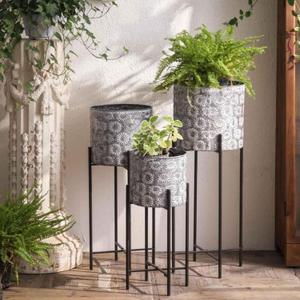 Vintage Metal Planters with Stands, Set of 3 Planters, Embossed Pattern Galvanized Large Floor Planter Pots, 29.6"/25.6"/20.8" Tall, Rustic Farmhouse Decor for Indoor Outdoor Plants
