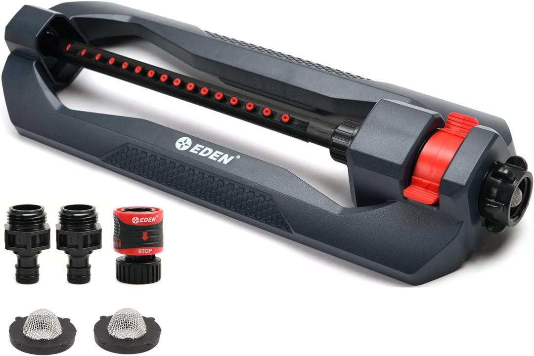 Eden 96213 Essential Turbo Oscillating Water Sprinkler, Covers Up to 3,600 sq. ft., 16 Nozzles, Weighted Base, Adjustable Range, Quick Connect Bundle, Dark Grey, Red, Silver