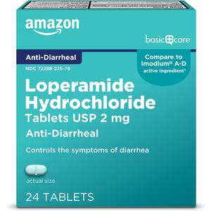 Amazon Basic Care Loperamide Hydrochloride Tablets, 2 mg, Anti-Diarrheal, 24 Count (Pack of 1)