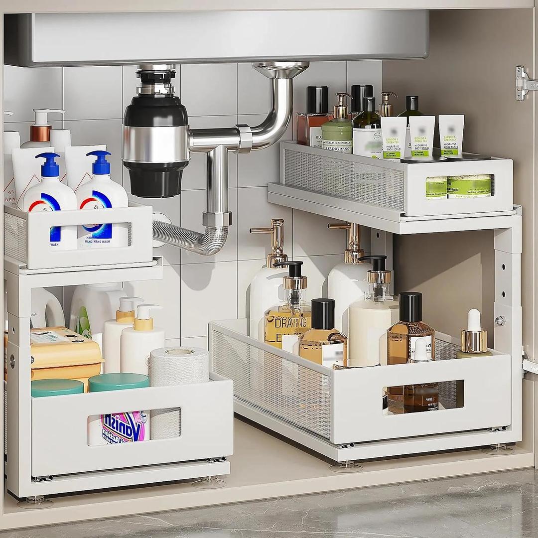 Corbyles 2 Pack 18.5IN-Depth Under Sink Organizer With Next-Gen Ball-Bearing Slides,2-Tier Pull Out Cabinet Storage,Height Adjustable Drawer Shelf for Bathroom,Kitchen,Laundry,Cabinet,Pantry-White