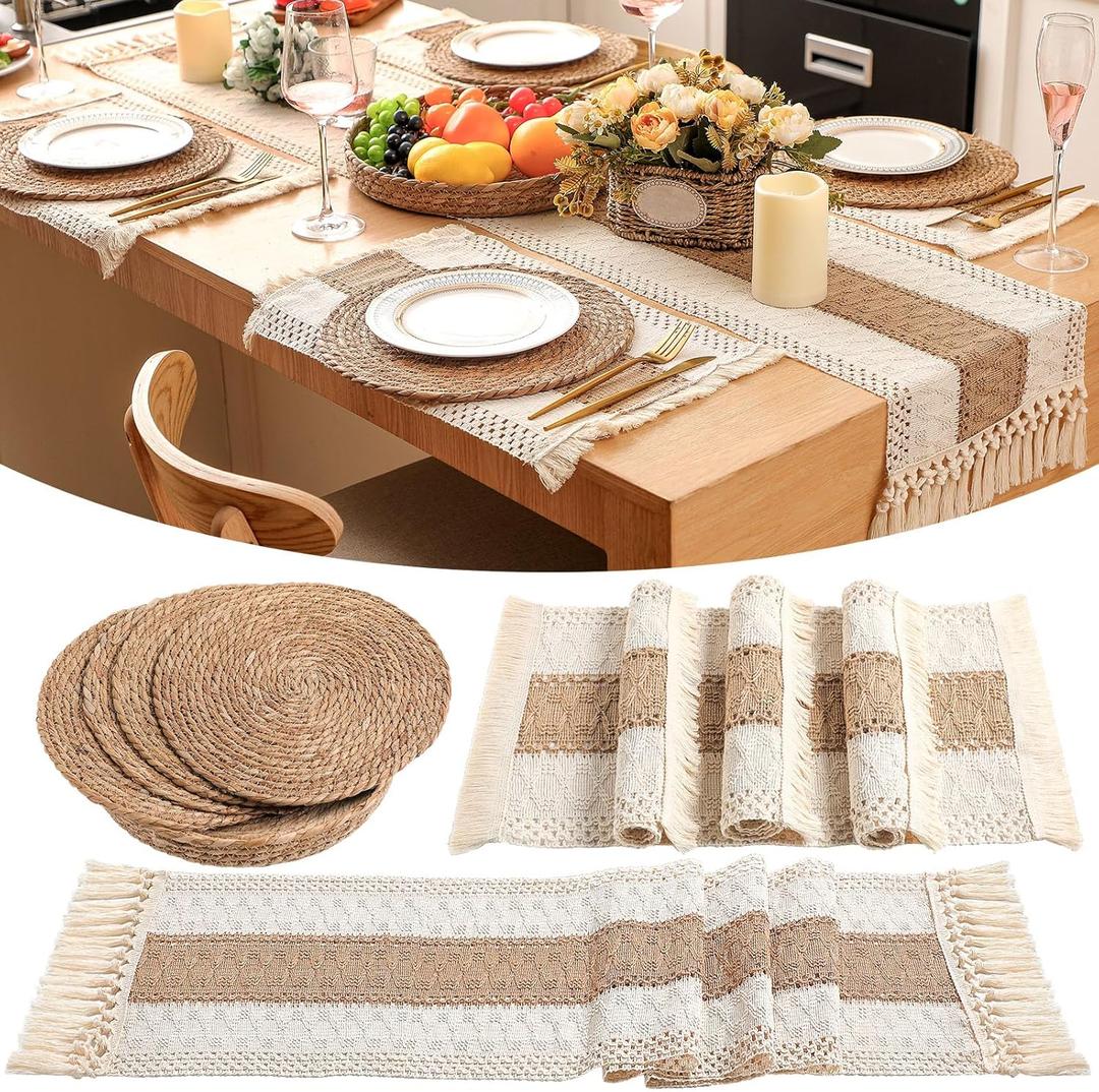 Boho Placemats 4/6/8 Set of Round Woven Placemat Macrame Style Bicolor Stitching Long Table Runner Farmhouse Rustic Natural Burlap Cotton for Kitchen Dining Table(4 Sets,Brown,12x72)