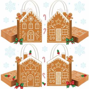 Clabby 48 Pcs Gingerbread House Small Christmas Gingerbread Kraft Gift Bag Xmas Presents Boxes House Wrapping Treat Bags with Handle Xmas Characters for Christmas Party Favors Holidays Decorations