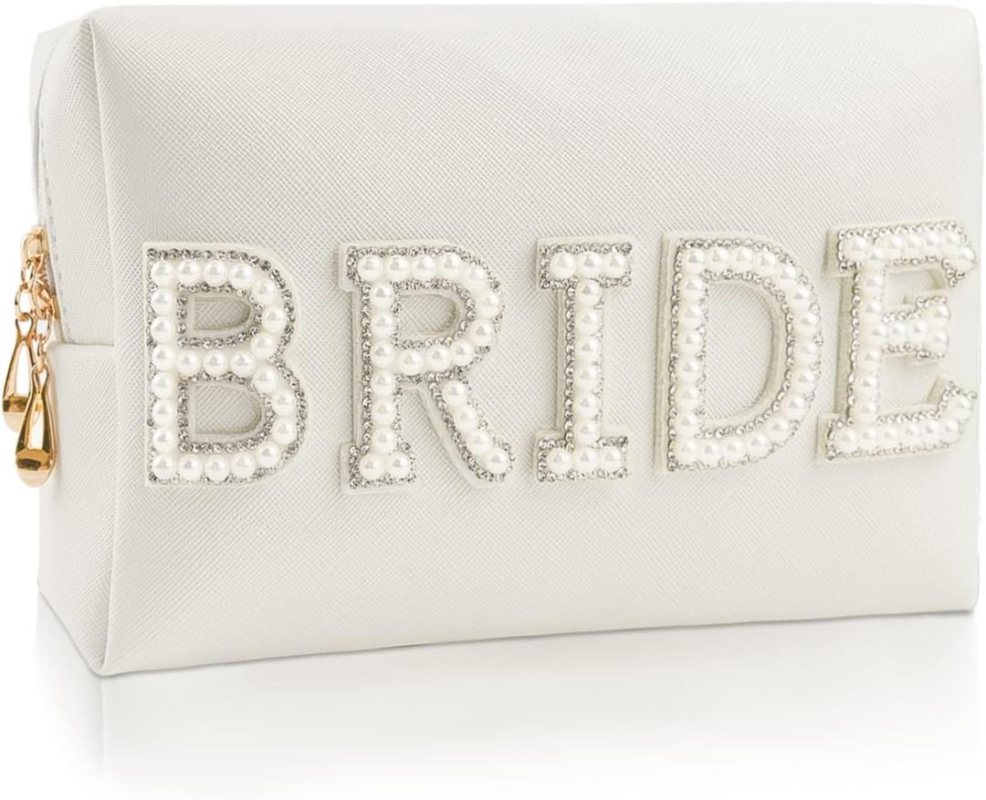 Bride Patch Letter Makeup Bag for Women Bridesmaid Engagement Gift for Her White Pearl Rhinestone Travel Toiletry Bag Make Up Bag Pouch for Purse Bridal Shower Gifts for Engagement Wedding