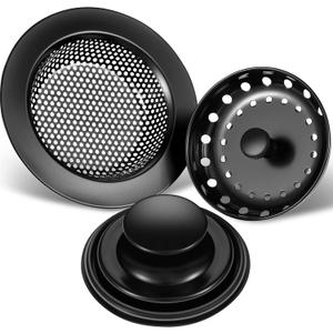 Mudder 3 Pcs Kitchen Sink Drain Strainer and Stopper Stainless Steel Garbage Disposal Plug with Handle Universal Anti-Clogging Kitchen Sink Filter Sieve Basket Strainer(Black)