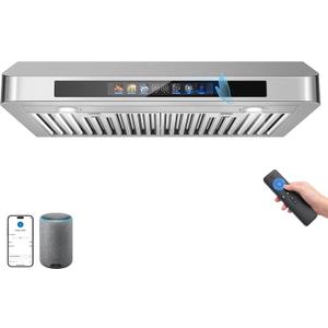 Tieasy 30" Under Cabinet Range Hood, 900 CFM, Dual Motor, Memory Function
Smart kitchen hood, color display, voice/gesture/remote/touch control, 4-Speed, LED lights, stainless steel body