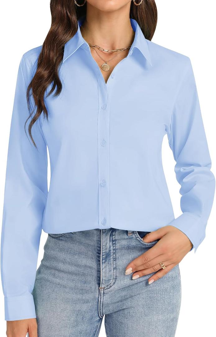 J.VER Button Down Shirts for Women Stretch Collared Cotton Long Sleeve Dress Shirt Business Casual Blouse for Work (Blue, L)