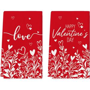 Artoid Mode Red Love Heart Floral Leaves Valentine's Kitchen Towels Dish Towels, 18x26 Inch Anniversary Wedding Decoration Cleaning Set of 2
