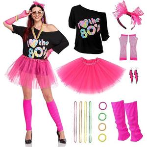 LILLIWEEN 80s Costumes for Women,T-Shirt Headband Tutu Skirt Earrings Necklace Bracelets Fishnet Gloves Legwarmers Outfits, Size: M