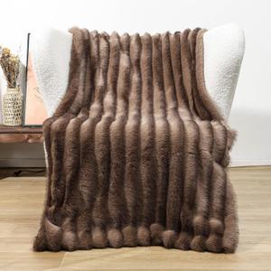HSOFTIFY Faux Fur Stripe Blanket 50"x60"- Luxuriously Faux Fur Throws Blanket,Super Soft Velvet Back Throw Blankets for Sofa Bedroom Living Room- Warm Gifts (Coffee)