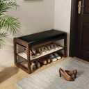 Shoe Rack Bench 2 Tier 27.6'' Bamboo Entryway Bench with Cushion and Hidden Storage Hold up to 300 lb Shoe Organizer for Hallway, Closet, Front Door Entrance, Foyer , Living Room, Bedroom (Black)