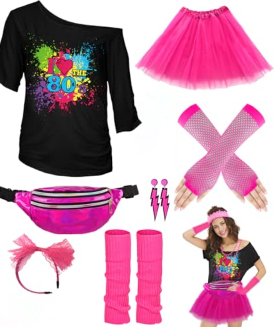 WILDPARTY 80s Costume Accessories for Women, T-Shirt Tutu Fanny Pack Headband Earring Necklace Fishnet Gloves Legwarmers 80s Party Halloween outfit for Women (Pink love-D, Size M)