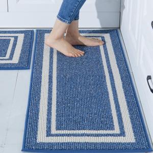 COSY HOMEER Kitchen Rugs Non-Slip 20x30/20x48 Inch Thick Polypropylene Standing Mat for Home Machine Washable, Bule Frame (Blue White)