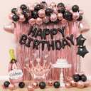 Rose Gold and Black Birthday Party Decorations with Happy Birthday Banner Fringe Curtai Cake Topper Butterfly Decorations Foil Balloons Happy Birthday Decorations for Women Adults