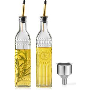 2 Pcs Olive Oil Dispenser Bottle for Kitchen,17oz Clear Glass Cooking Oil and Vinegar Dispenser Set, Coffee Syrup Dispenser with 2 Pourers and 1 Funnel (Two squares)