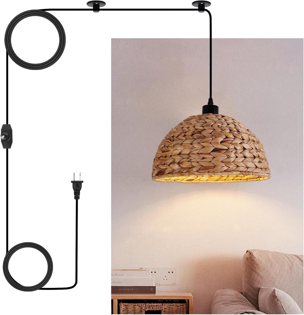 Plug in Pendant Light, 11.8" Boho Rattan Hanging Lights with On/Off Switch & Handmade Woven, Farmhouse Wicker Dome Pendant Light for Kitchen Island Dining Room Bedroom Hallway Foyer, Rattan C