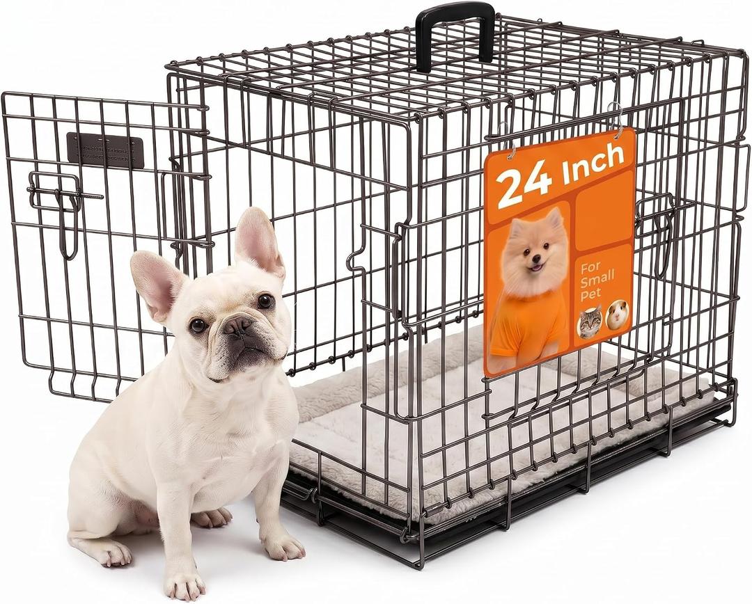 24 inch Heavy Duty Foldable Wire Dog Crate with Double Doors, 24.61"L x 17.52"W x 19.69"H