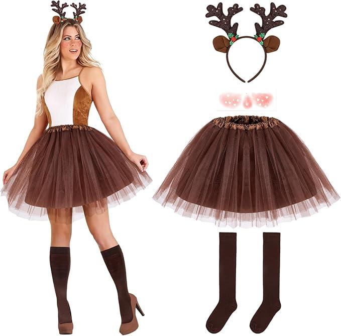 Hifot 5 Pcs Reindeer Costume Adult Tutu Skirt with Reindeer Headband Temporary Tattoos Socks Deer Cosplay Costume Halloween Christmas Fancy Dress Outfits for Women Girls Brown, M