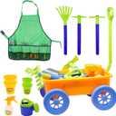 4E's Novelty 15 Piece Gardening Tools & Wagon Toy Set with Plastic Wheelbarrow, Apron, STEM Pretend Play Outdoor Toy for Toddlers Kids Boys Girls