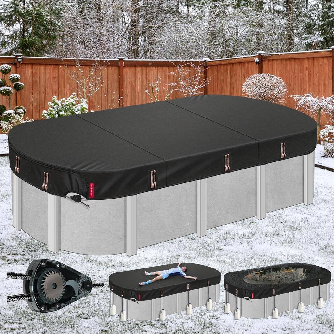 QH.HOME Winter Oval Pool Cover for 12x24 Ft Steel Wall Oval Pool, [2025 Upgraded Heavy Duty Fabric Durable & Ultimate Windproof] with Fast Tightening Ratchet, Cold and UV Resistant