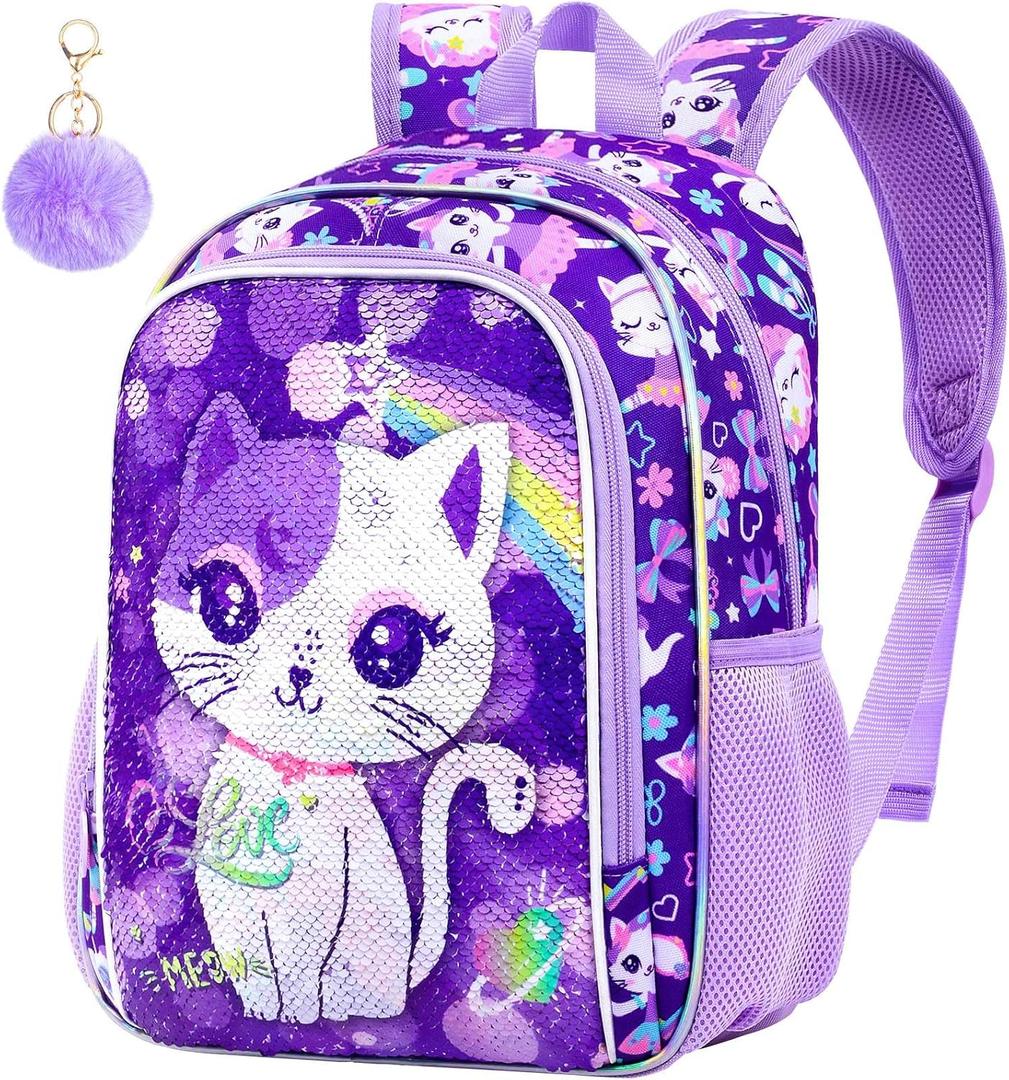 Girls Toddler Cat Backpack, Water Resistant Sequins Kindergarten Bookbag, 13" Preschool Backpacks for Little Kids - Cat Purple
