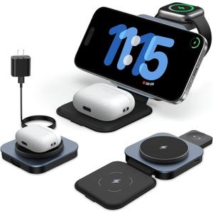 Upgraded 3 in 1 Wireless Charger for MagSafe, Magnetic Foldable Travel Fast Charging Station Pad Compatible with Apple Watch/Ultra (5W) iPhone 16/15/14/13/12 & AirPods Pro/4/3/2 (with Adapter)