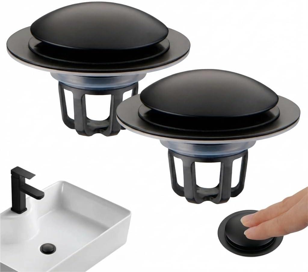 Pop Up Sink Drain Stopper Hair Catcher - Matte Black 2 Pack