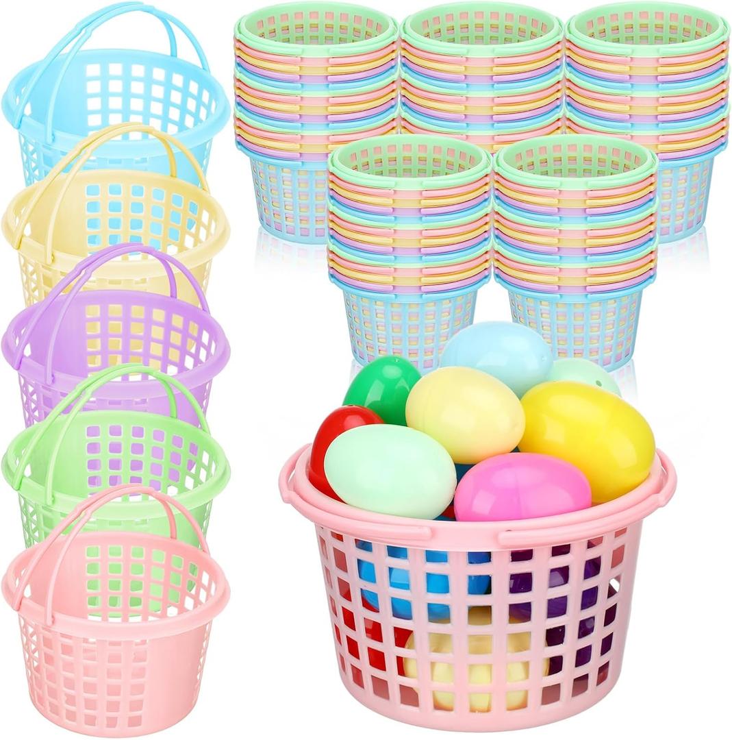 DoubleFill 60 Pcs Plastic Mini Easter Baskets Bulk Small Colorful Plastic Baskets with Handles Round Basket for Egg Hunts Easter Party Favor Kids