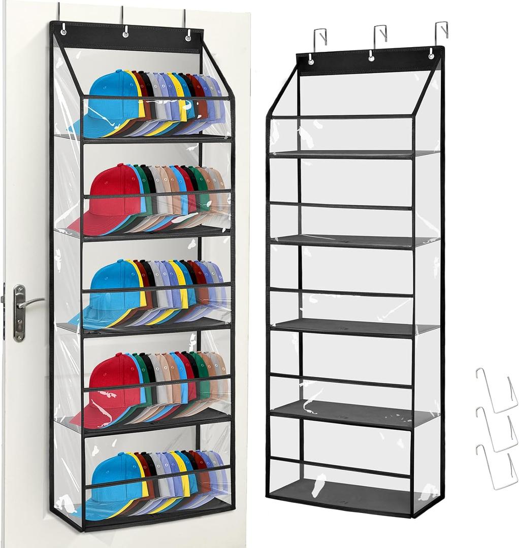 Clear Hat Storage Rack for Wall, Over Door Hat Organizer for Baseball Caps, Five-Ply Baseball Cap Organizer for Closet with 3 Hooks Hat Holder (Black)