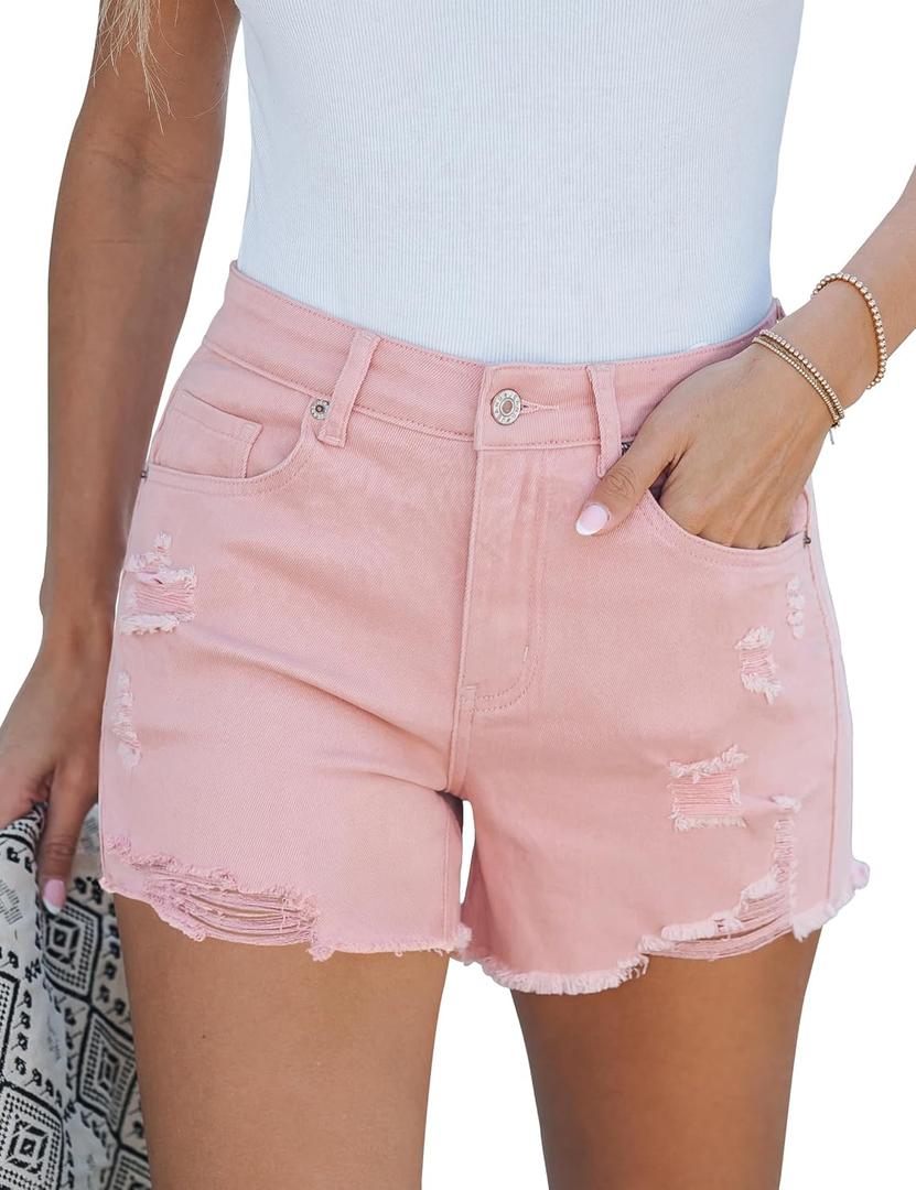 luvamia Jean Shorts for Women High Waisted Stretchy Distressed Denim Shorts Ripped Frayed Raw Hem Summer Casual Shorts (Pink, S)