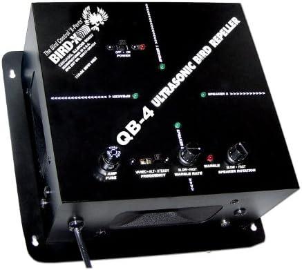 Bird-X Quadblaster QB-4, Ultrasonic Bird Preventer with Optional Strobe Light and 4 Built-in Speakers, Ideal for Indoors and Semi-Enclosed Areas, Covers 6,500 sq. ft.