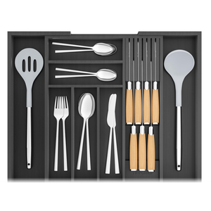 TIOPGHAD BambooSilverwareDrawerOrganizerKitchen, Expandable Utensil Holder Cutlery Tray Flatware Organization Adjustable Wood Tableware Dividers Storage (with Removable Knife Block)(Black)