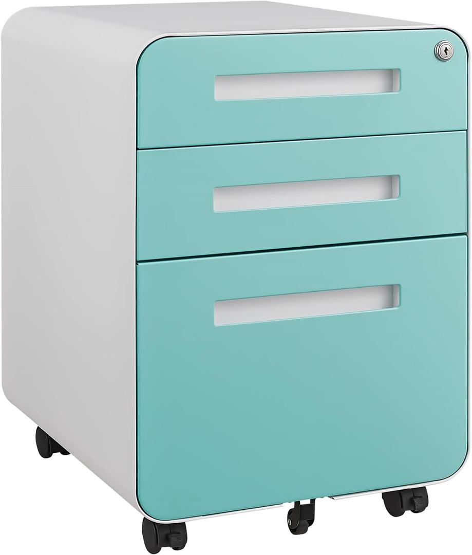 3 Drawer File Cabinet for Home Office, Under Desk Mobile Filing Cabinet with Lock for A4/Letter/Legal Size, 5 Wheel Anti-tilt Rolling File Cabinets, Fully Assembled (Blue)