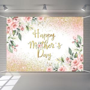 Rose Gold Floral Happy Mother's Day Backdrop Blush Pink Floral Golden Glitter Dots Mother's Day Photography Background Thanks Mom Party Decorations Banner (7x5ft)