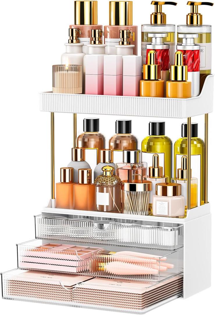 Caktraie 12.2" W Makeup Organizer Drawers 5 Tiers Bathroom Counter Organizer, Cosmetic Storage Drawer for Dresser Countertop and Bathroom Vanity for Large Skincare, Perfume, Clear