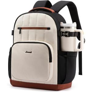 LOVEVOOK Laptop Backpack Women with Pouch Pocket for Large Capacity Cup, 15.6 Inch Lightweight Puffer Computer Laptop Bag Travel Backpack Purse for Work College Teacher Personal Item, Black-White-Brown
