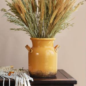 Quoowiit Ceramic Rustic Farmhouse Vase, Distressed Decorative Flower Vases for Home Decor, Ideal Shelf Decor, Yellow Boho Vase for Living Room Bedroom Kitchen Office Centerpiece Table Decorations (8 Inch-Yellow)