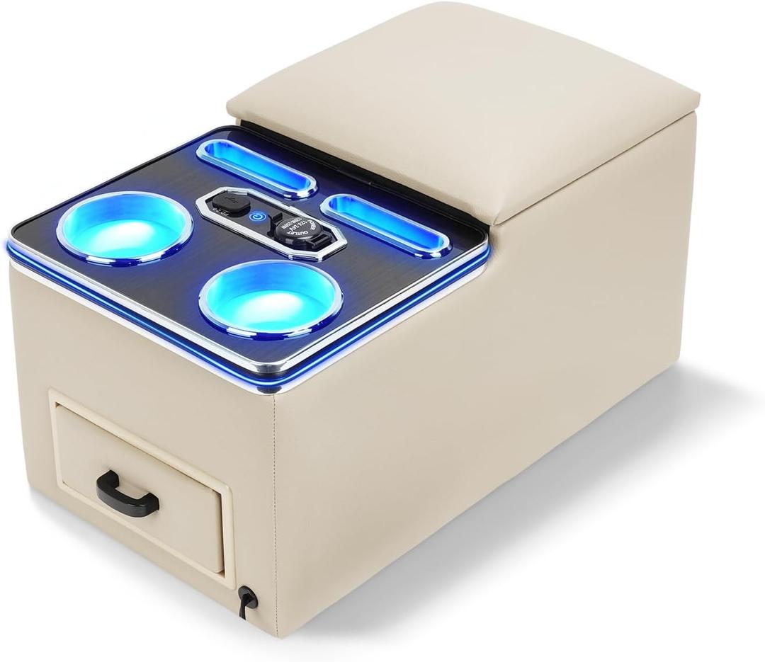 Center Console, Universal Bench Seat Center Console with Fast Phone Charging Back Seat Car Organizer, Automotive Center Console with Cup Holder & Phone Holder (Beige)