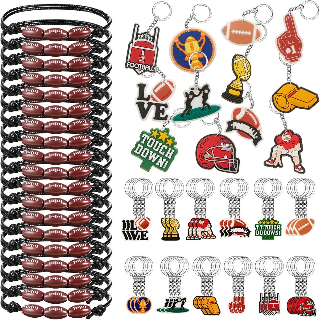 Henoyso 72 Pieces Football Birthday Party Favors Set Football Keychains Bulk with Adjustable Bracelets Sports Themed Charm Key Chains Bracelets Gifts for Sports Birthday Party Supplies